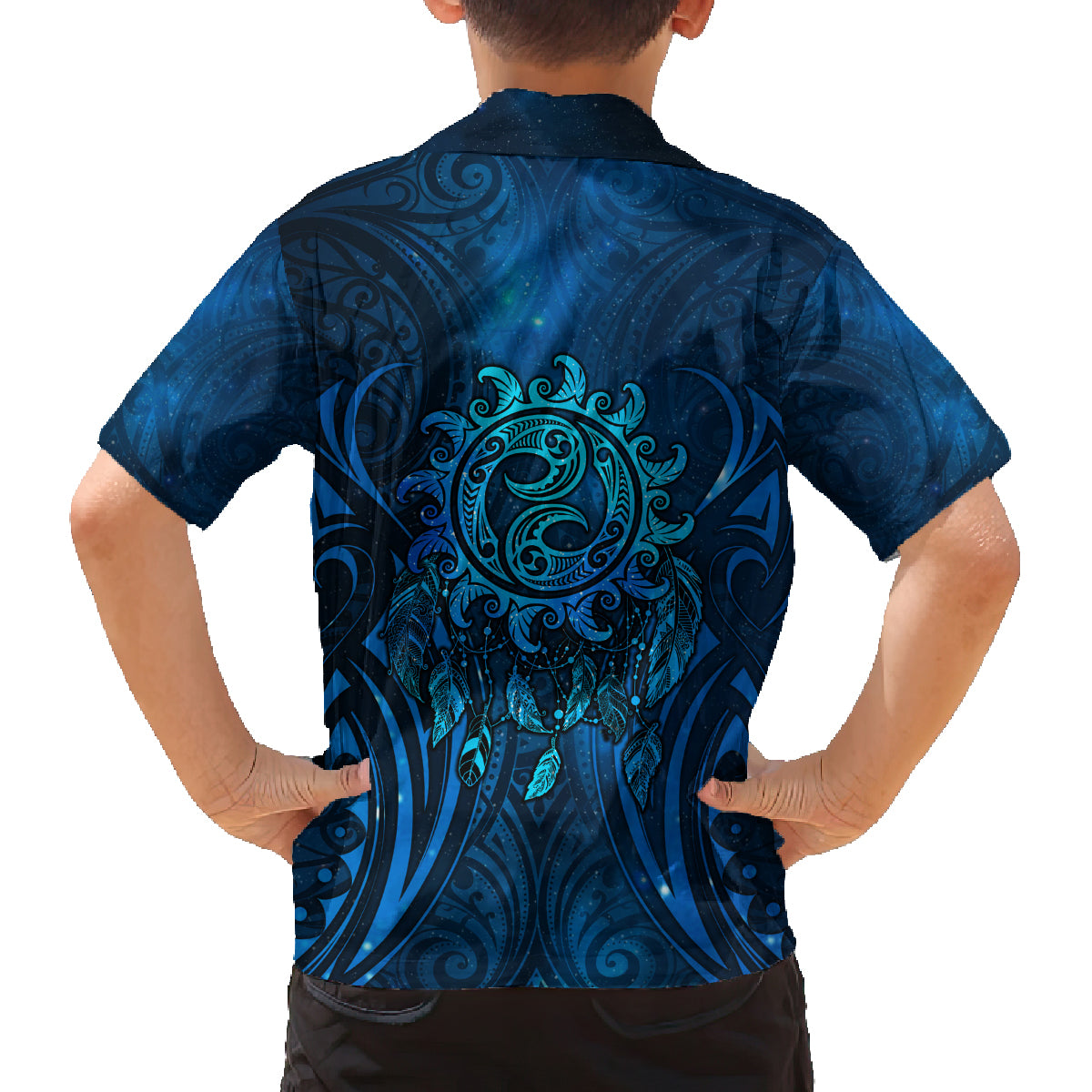New Zealand Dream Catcher Family Matching Off The Shoulder Long Sleeve Dress and Hawaiian Shirt Maori Koru Pattern Blue Version LT05 - Polynesian Pride