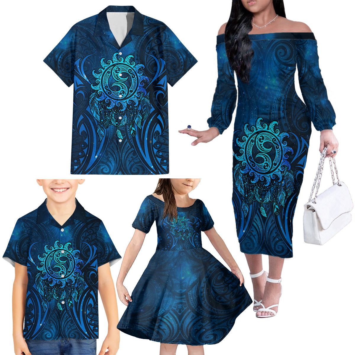 New Zealand Dream Catcher Family Matching Off The Shoulder Long Sleeve Dress and Hawaiian Shirt Maori Koru Pattern Blue Version LT05 - Polynesian Pride