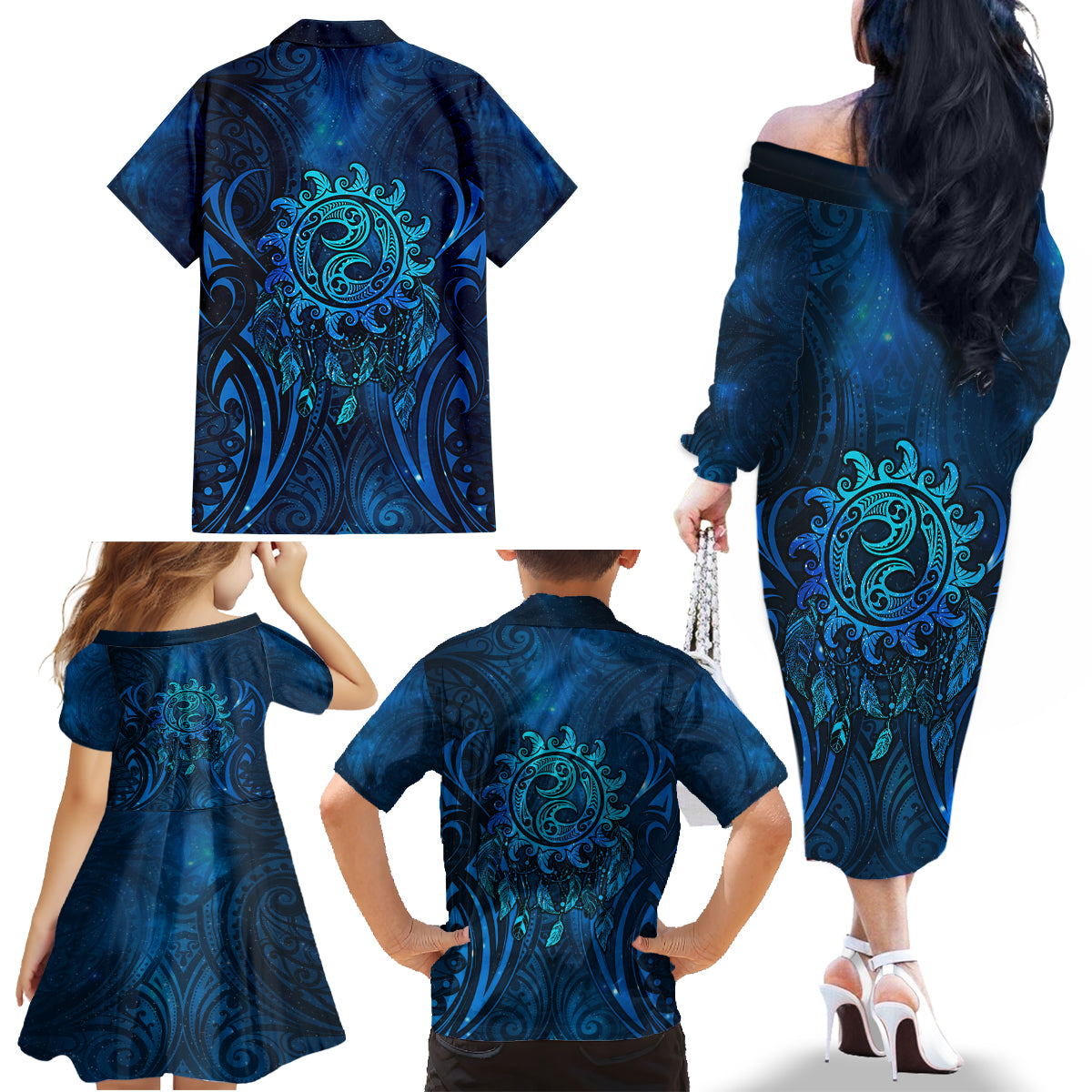 New Zealand Dream Catcher Family Matching Off The Shoulder Long Sleeve Dress and Hawaiian Shirt Maori Koru Pattern Blue Version LT05 - Polynesian Pride