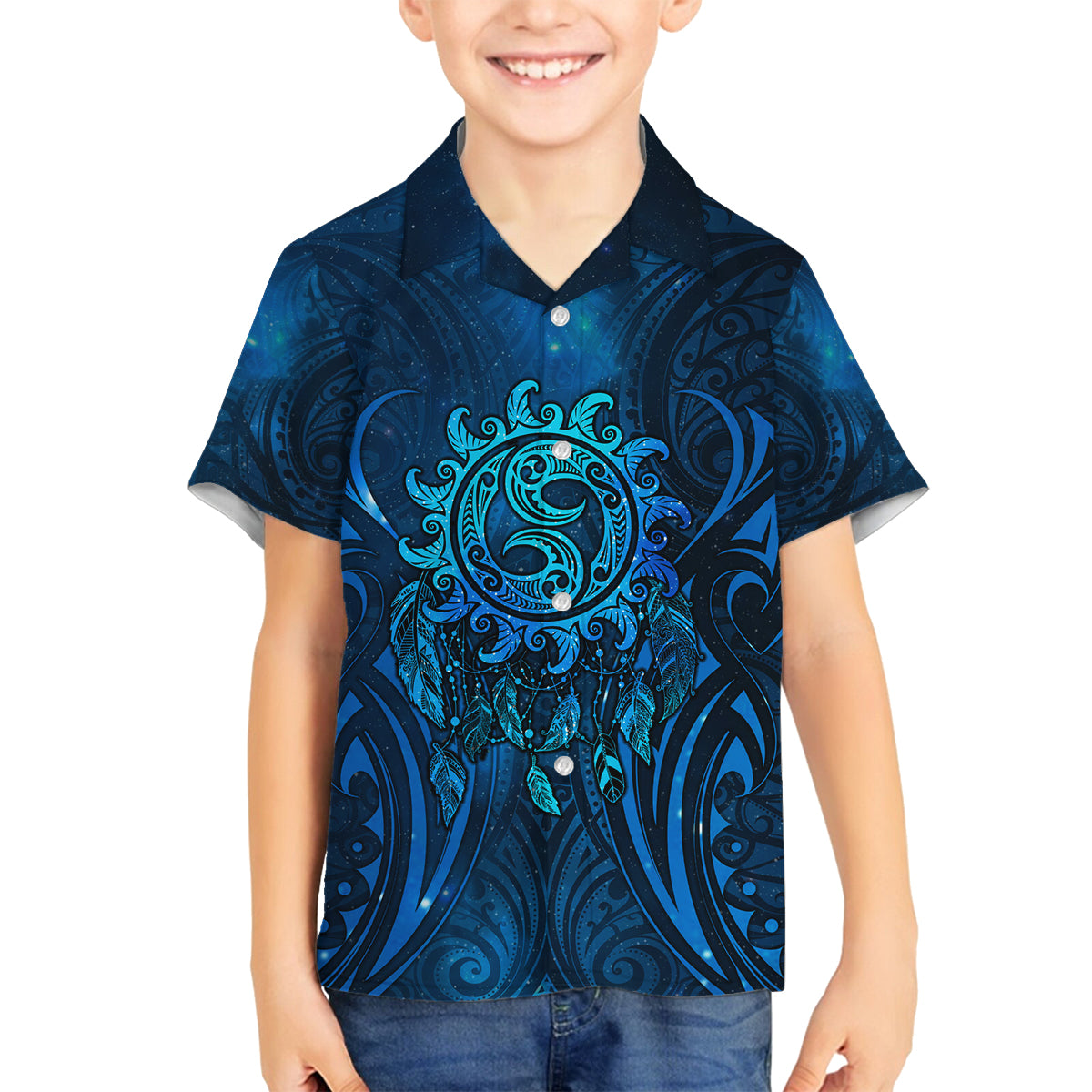 New Zealand Dream Catcher Family Matching Off The Shoulder Long Sleeve Dress and Hawaiian Shirt Maori Koru Pattern Blue Version LT05 Son's Shirt Blue - Polynesian Pride