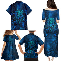 New Zealand Dream Catcher Family Matching Puletasi and Hawaiian Shirt Maori Koru Pattern Blue Version
