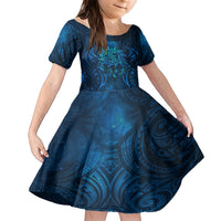 New Zealand Dream Catcher Family Matching Short Sleeve Bodycon Dress and Hawaiian Shirt Maori Koru Pattern Blue Version LT05 Daughter's Dress Blue - Polynesian Pride