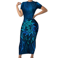 New Zealand Dream Catcher Family Matching Short Sleeve Bodycon Dress and Hawaiian Shirt Maori Koru Pattern Blue Version LT05 Mom's Dress Blue - Polynesian Pride