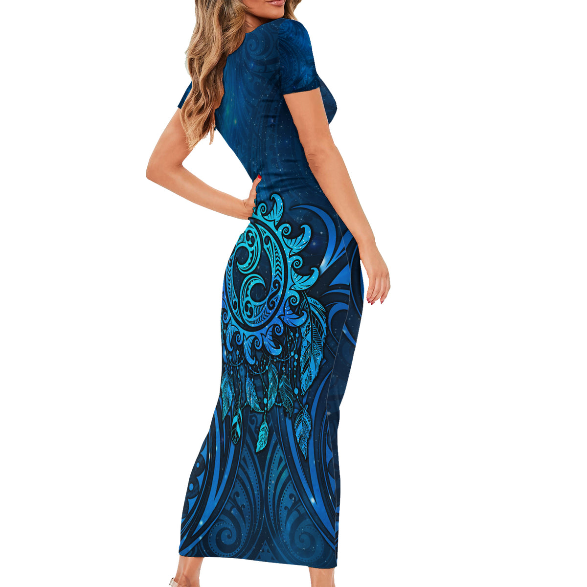 New Zealand Dream Catcher Family Matching Short Sleeve Bodycon Dress and Hawaiian Shirt Maori Koru Pattern Blue Version LT05 - Polynesian Pride