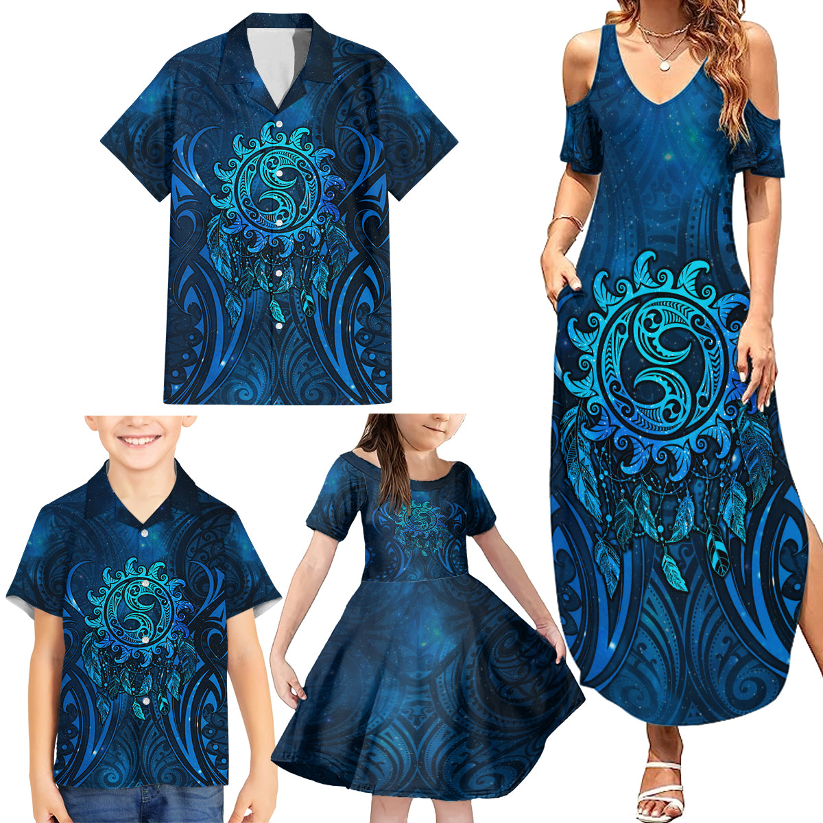 New Zealand Dream Catcher Family Matching Summer Maxi Dress and Hawaiian Shirt Maori Koru Pattern Blue Version LT05 - Polynesian Pride