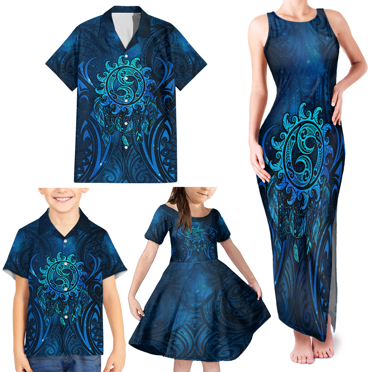New Zealand Dream Catcher Family Matching Tank Maxi Dress and Hawaiian Shirt Maori Koru Pattern Blue Version LT05 - Polynesian Pride