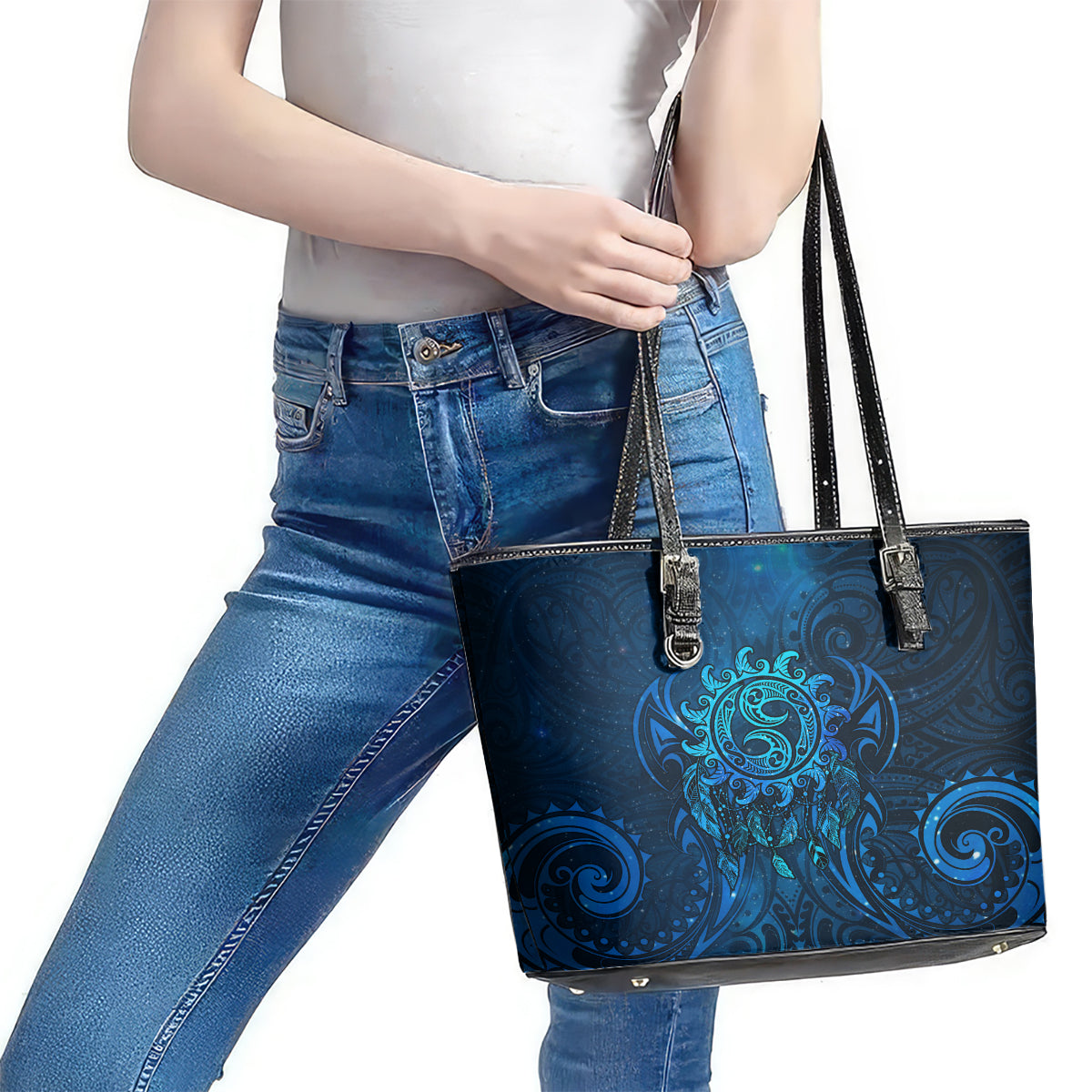 New Zealand Dream Catcher Leather Tote Bag Maori Koru Pattern Blue Version