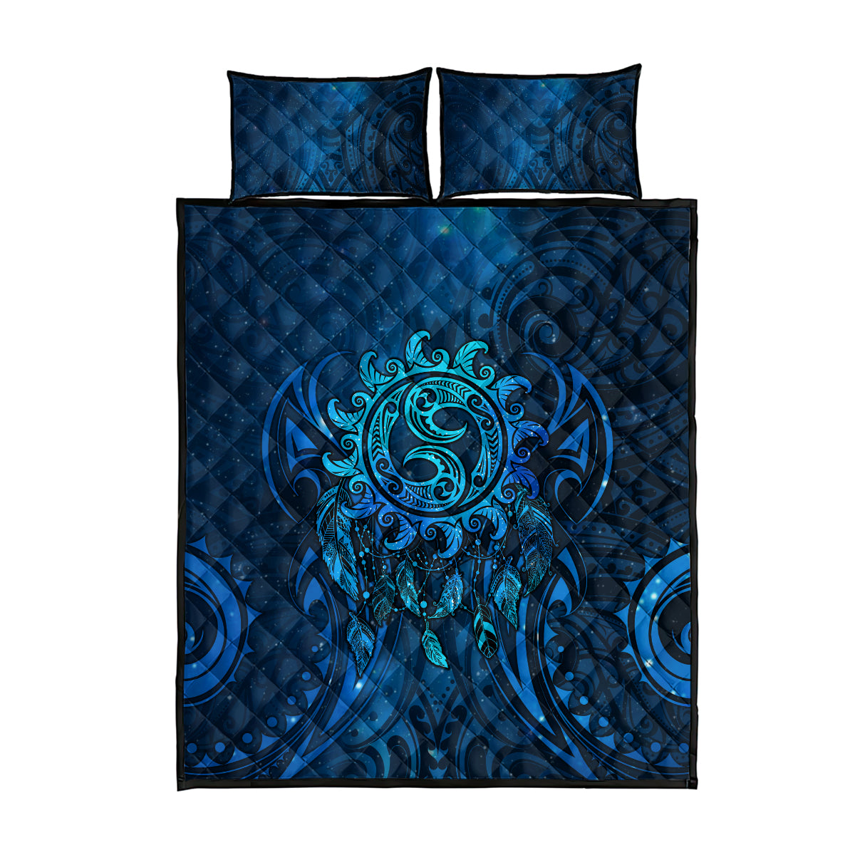 New Zealand Dream Catcher Quilt Bed Set Maori Koru Pattern Blue Version