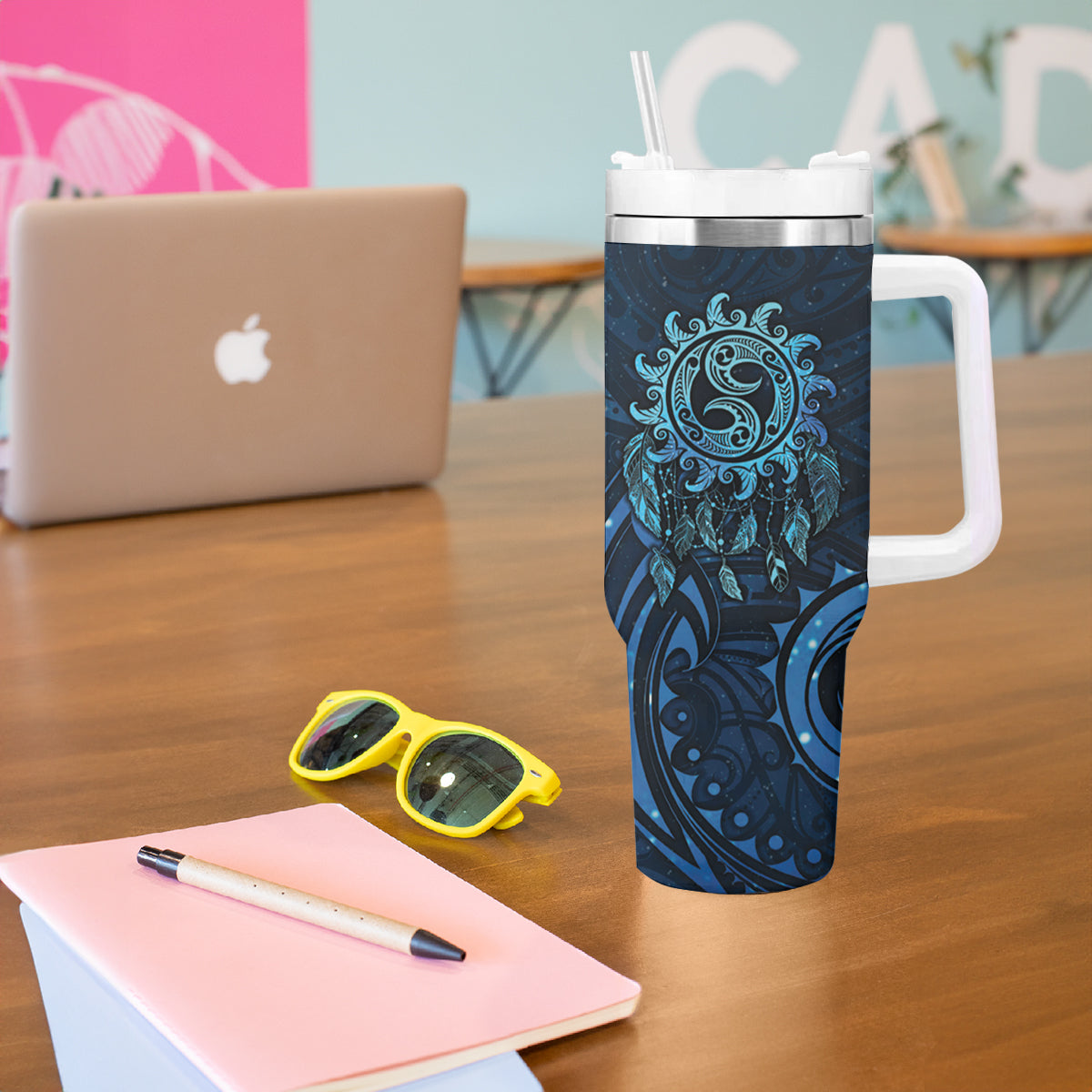 New Zealand Dream Catcher Tumbler With Handle Maori Koru Pattern Blue Version