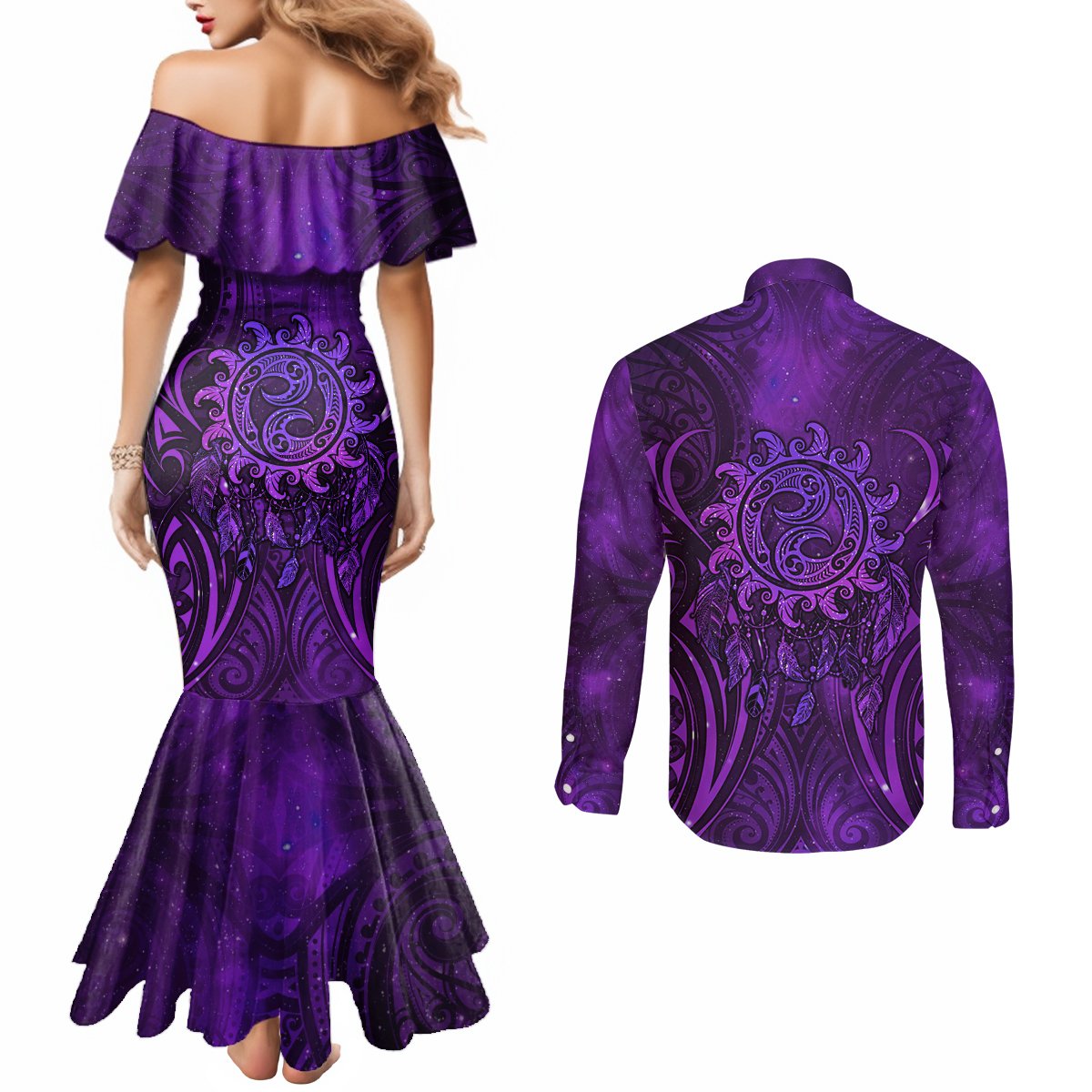 New Zealand Dream Catcher Couples Matching Mermaid Dress and Long Sleeve Button Shirt Maori Koru Pattern Purple Version