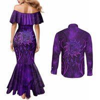 New Zealand Dream Catcher Couples Matching Mermaid Dress and Long Sleeve Button Shirt Maori Koru Pattern Purple Version