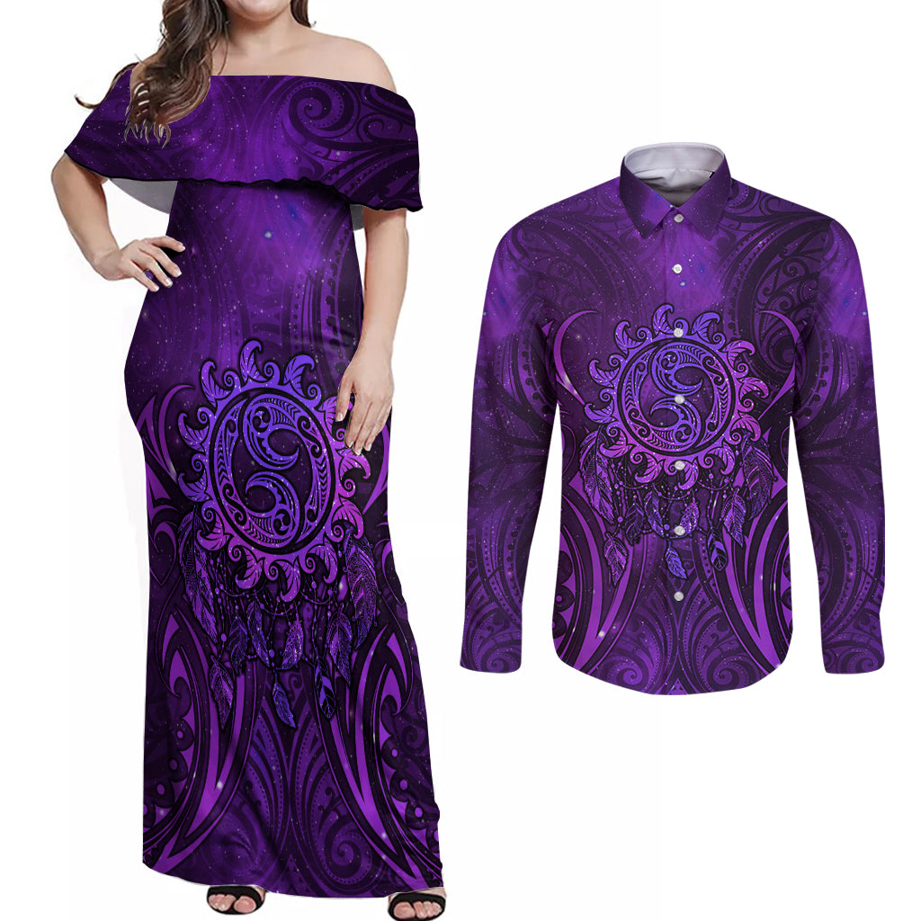 New Zealand Dream Catcher Couples Matching Off Shoulder Maxi Dress and Long Sleeve Button Shirt Maori Koru Pattern Purple Version