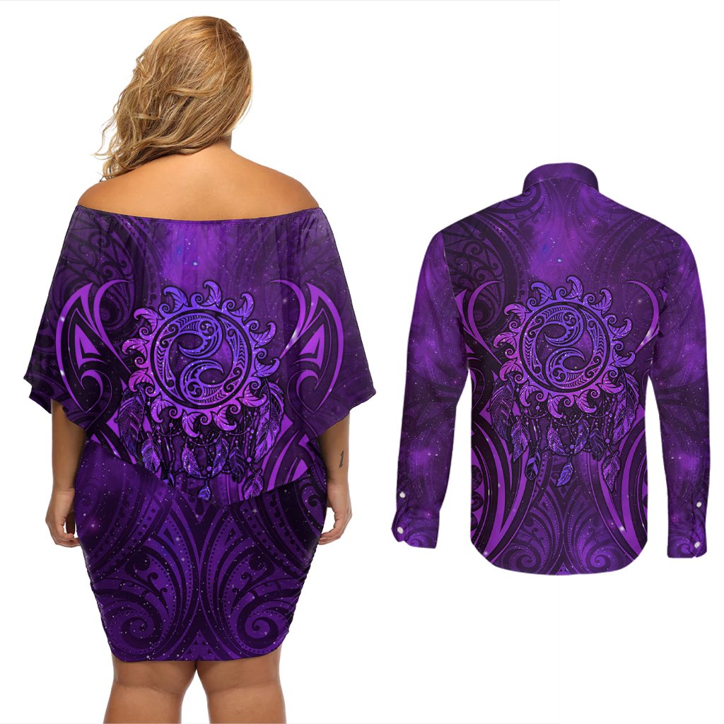 New Zealand Dream Catcher Couples Matching Off Shoulder Short Dress and Long Sleeve Button Shirt Maori Koru Pattern Purple Version