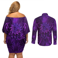 New Zealand Dream Catcher Couples Matching Off Shoulder Short Dress and Long Sleeve Button Shirt Maori Koru Pattern Purple Version