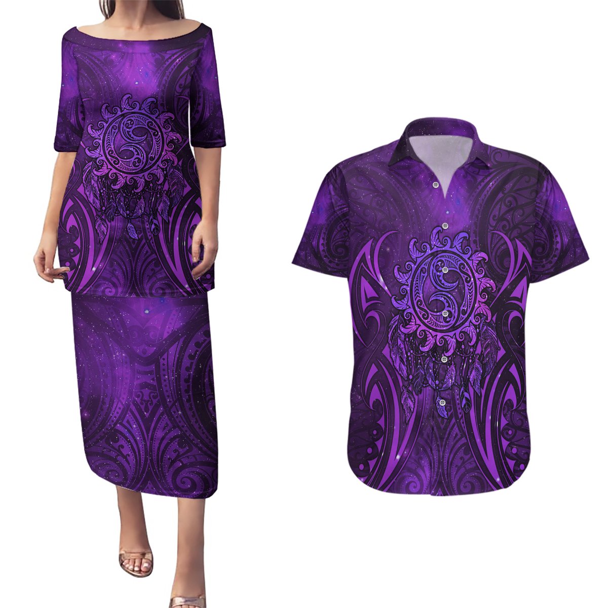 New Zealand Dream Catcher Couples Matching Puletasi and Hawaiian Shirt Maori Koru Pattern Purple Version