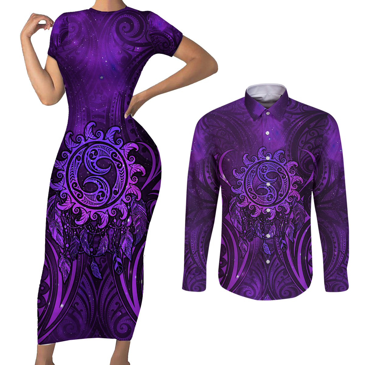 New Zealand Dream Catcher Couples Matching Short Sleeve Bodycon Dress and Long Sleeve Button Shirt Maori Koru Pattern Purple Version