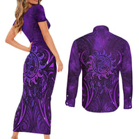 New Zealand Dream Catcher Couples Matching Short Sleeve Bodycon Dress and Long Sleeve Button Shirt Maori Koru Pattern Purple Version