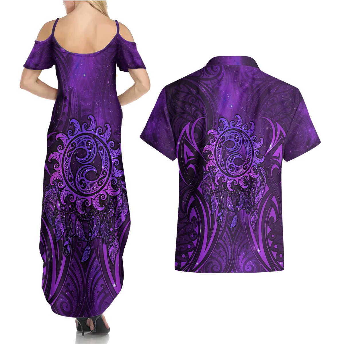 New Zealand Dream Catcher Couples Matching Summer Maxi Dress and Hawaiian Shirt Maori Koru Pattern Purple Version