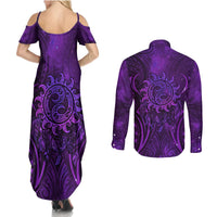 New Zealand Dream Catcher Couples Matching Summer Maxi Dress and Long Sleeve Button Shirt Maori Koru Pattern Purple Version