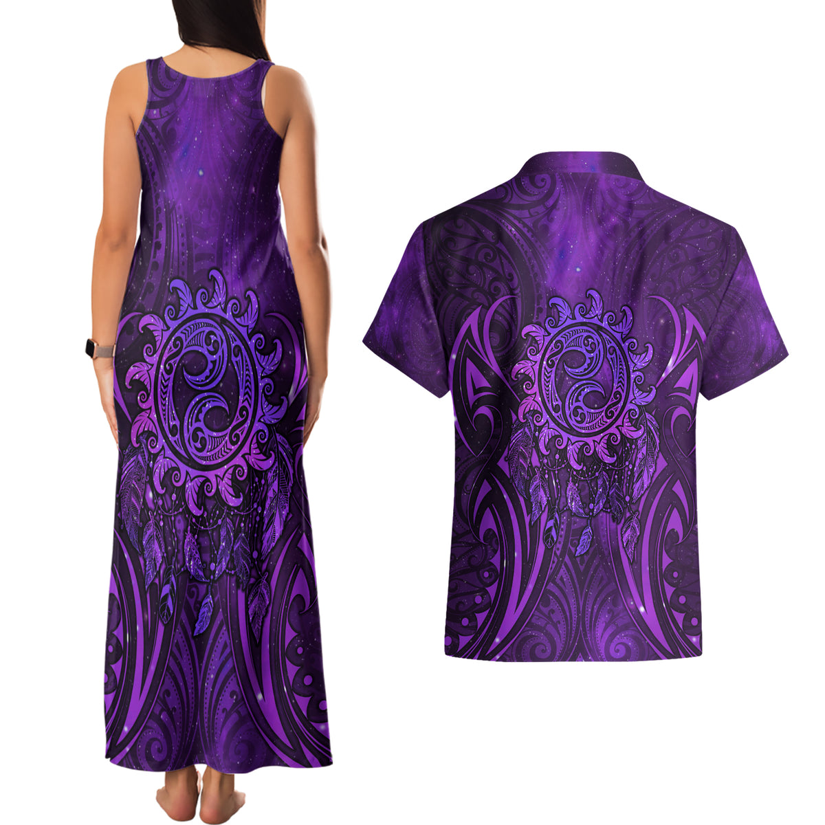 New Zealand Dream Catcher Couples Matching Tank Maxi Dress and Hawaiian Shirt Maori Koru Pattern Purple Version LT05 - Polynesian Pride