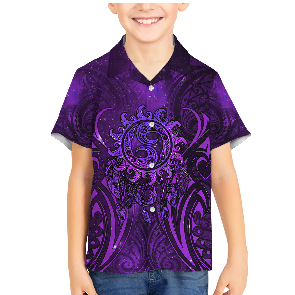 New Zealand Dream Catcher Family Matching Mermaid Dress and Hawaiian Shirt Maori Koru Pattern Purple Version LT05 Son's Shirt Purple - Polynesian Pride