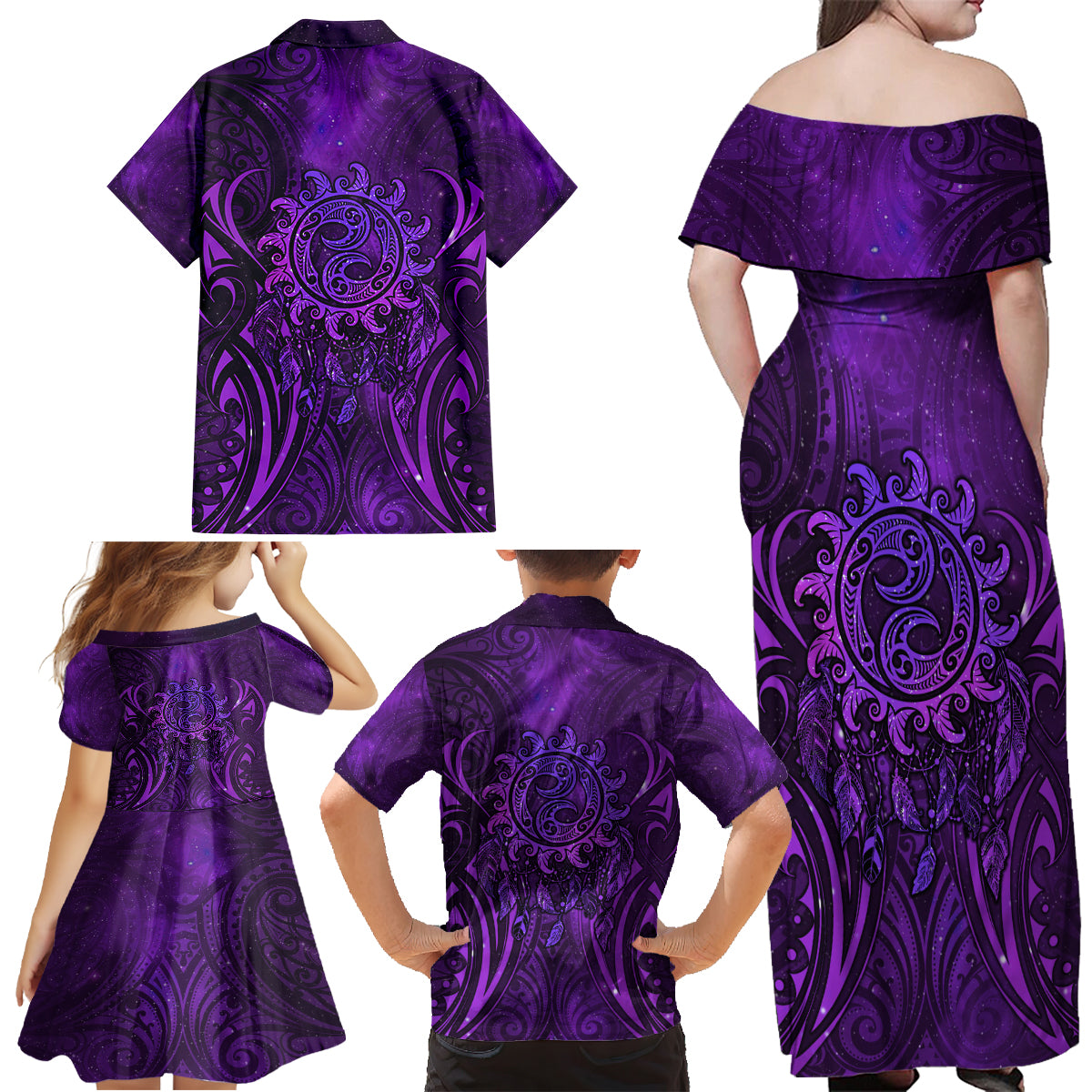 New Zealand Dream Catcher Family Matching Off Shoulder Maxi Dress and Hawaiian Shirt Maori Koru Pattern Purple Version LT05 - Polynesian Pride