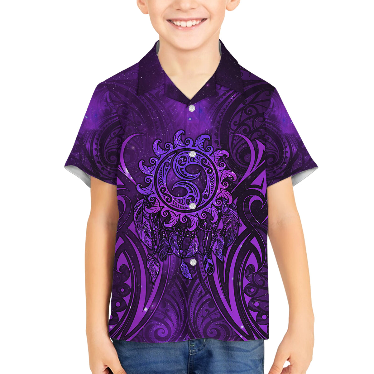 New Zealand Dream Catcher Family Matching Off Shoulder Short Dress and Hawaiian Shirt Maori Koru Pattern Purple Version LT05 Son's Shirt Purple - Polynesian Pride