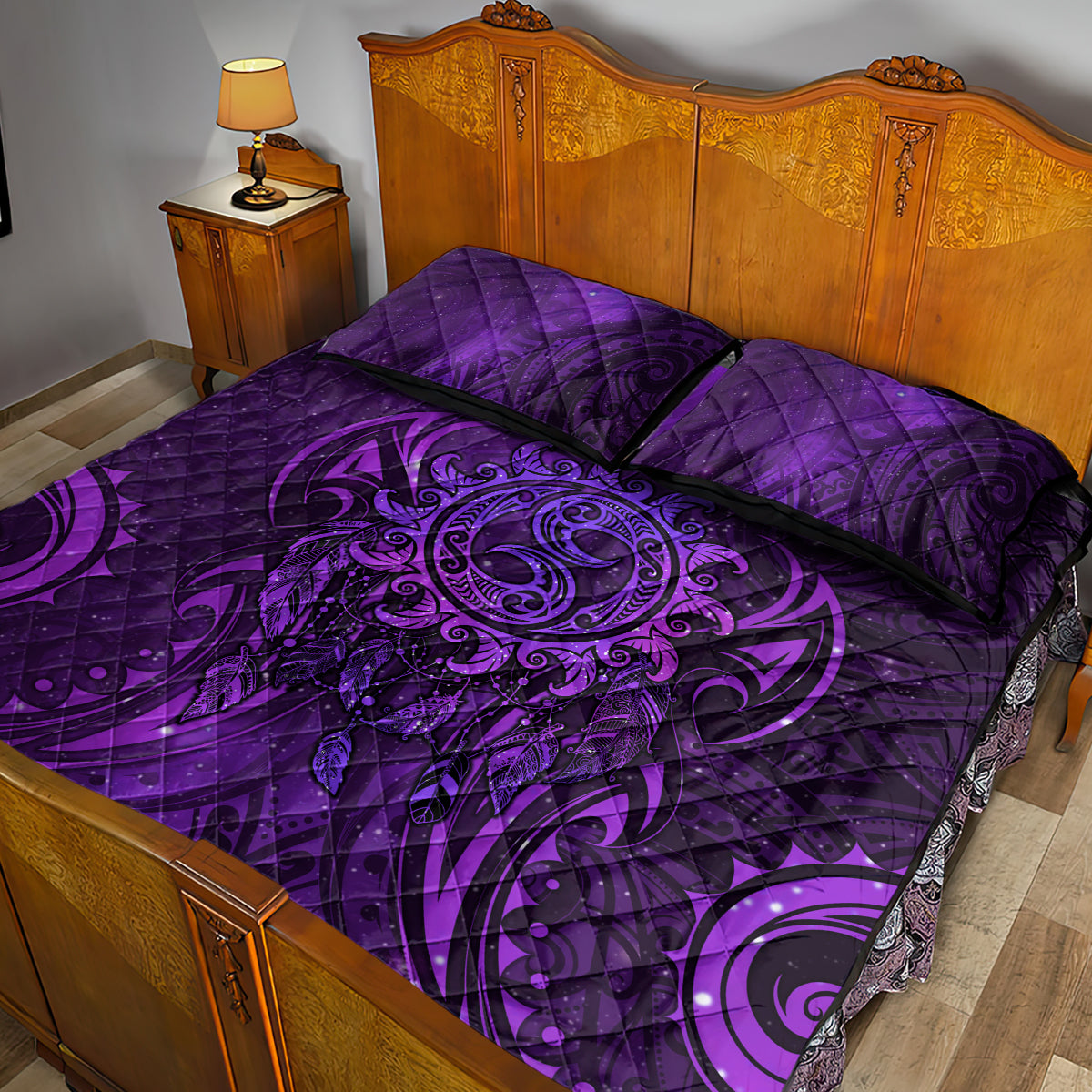 New Zealand Dream Catcher Quilt Bed Set Maori Koru Pattern Purple Version