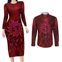 New Zealand Dream Catcher Couples Matching Long Sleeve Bodycon Dress and Long Sleeve Button Shirt Maori Koru Pattern Red Version
