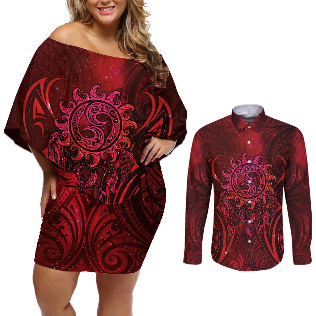 New Zealand Dream Catcher Couples Matching Off Shoulder Short Dress and Long Sleeve Button Shirt Maori Koru Pattern Red Version