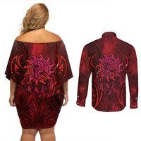 New Zealand Dream Catcher Couples Matching Off Shoulder Short Dress and Long Sleeve Button Shirt Maori Koru Pattern Red Version