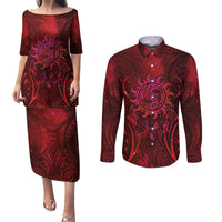 New Zealand Dream Catcher Couples Matching Puletasi and Long Sleeve Button Shirt Maori Koru Pattern Red Version