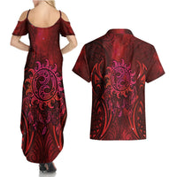 New Zealand Dream Catcher Couples Matching Summer Maxi Dress and Hawaiian Shirt Maori Koru Pattern Red Version