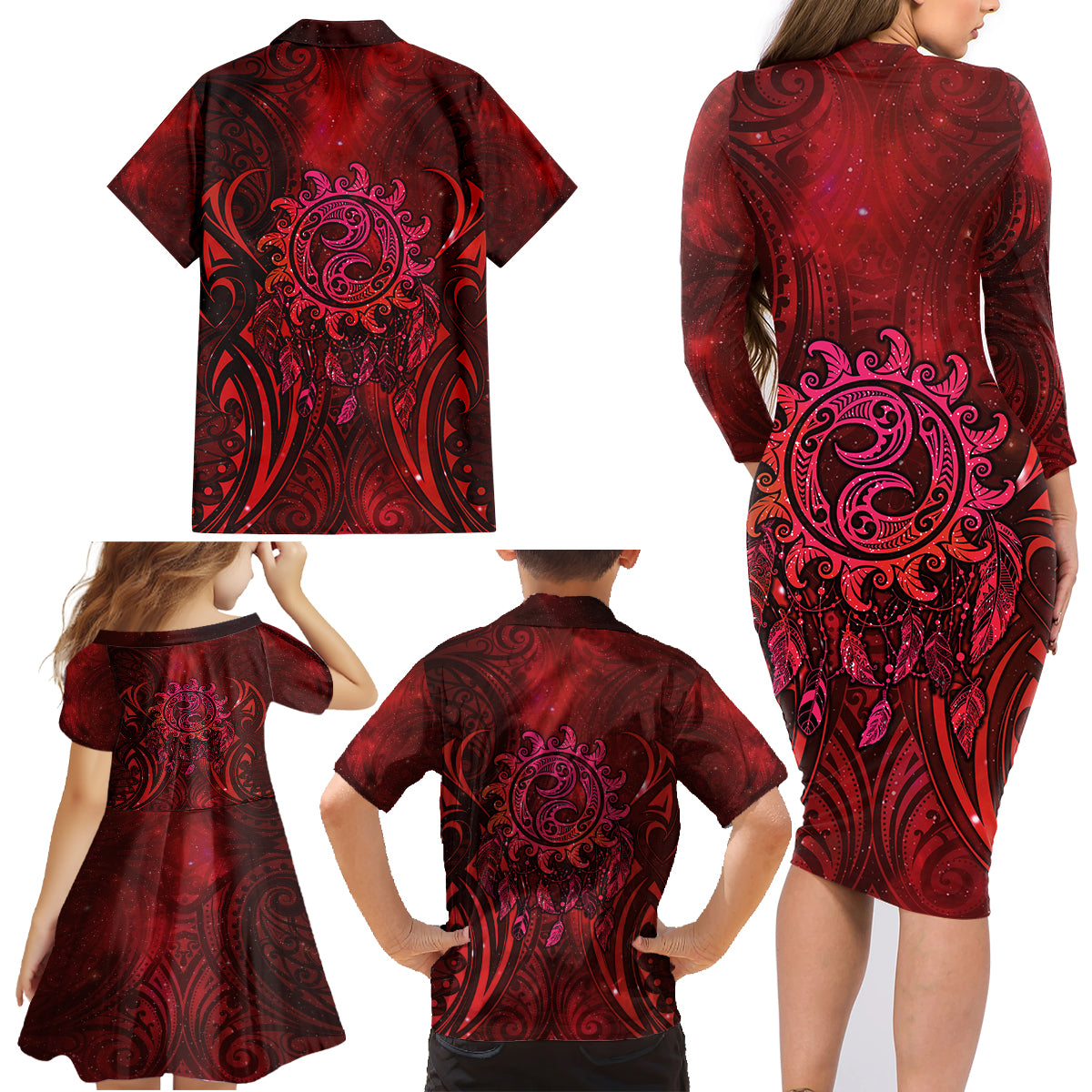 New Zealand Dream Catcher Family Matching Long Sleeve Bodycon Dress and Hawaiian Shirt Maori Koru Pattern Red Version LT05 - Polynesian Pride