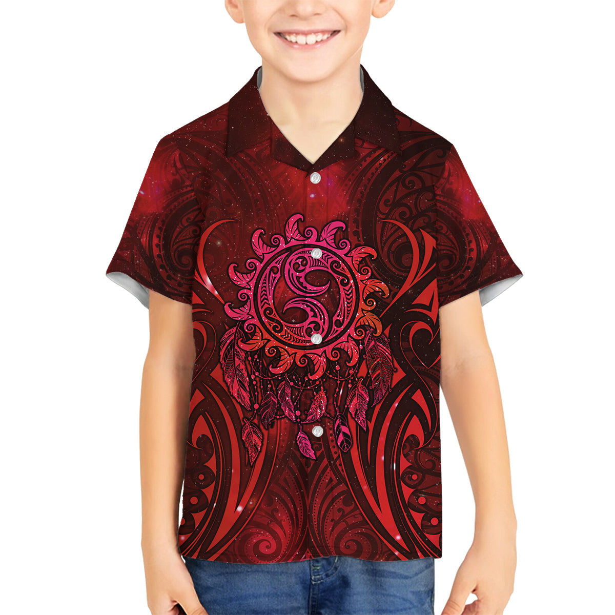 New Zealand Dream Catcher Family Matching Long Sleeve Bodycon Dress and Hawaiian Shirt Maori Koru Pattern Red Version LT05 Son's Shirt Red - Polynesian Pride