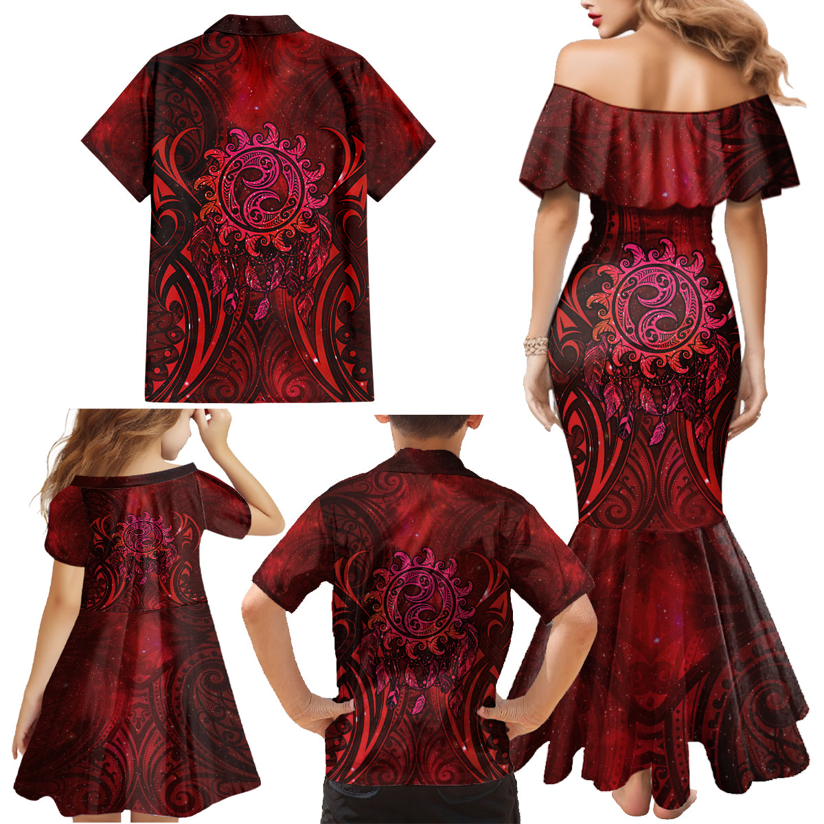 New Zealand Dream Catcher Family Matching Mermaid Dress and Hawaiian Shirt Maori Koru Pattern Red Version LT05 - Polynesian Pride