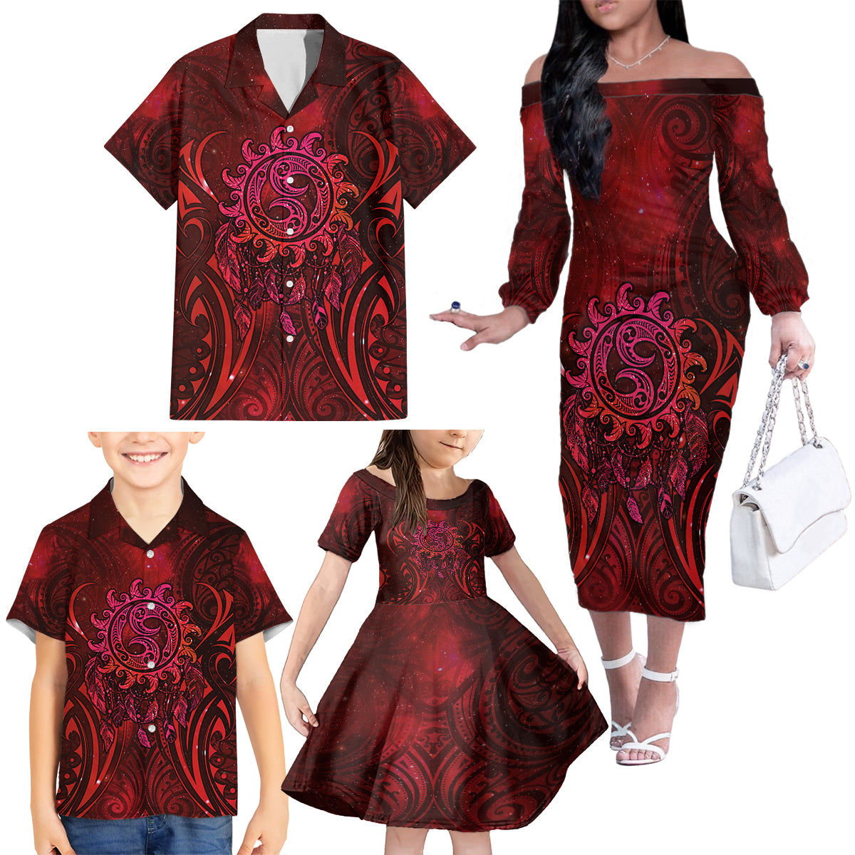 New Zealand Dream Catcher Family Matching Off The Shoulder Long Sleeve Dress and Hawaiian Shirt Maori Koru Pattern Red Version LT05 - Polynesian Pride