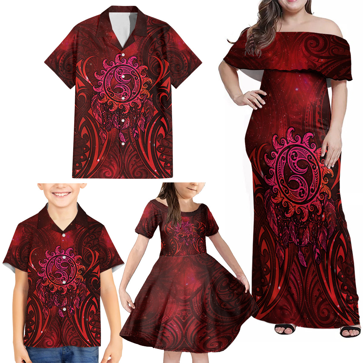 New Zealand Dream Catcher Family Matching Off Shoulder Maxi Dress and Hawaiian Shirt Maori Koru Pattern Red Version LT05 - Polynesian Pride