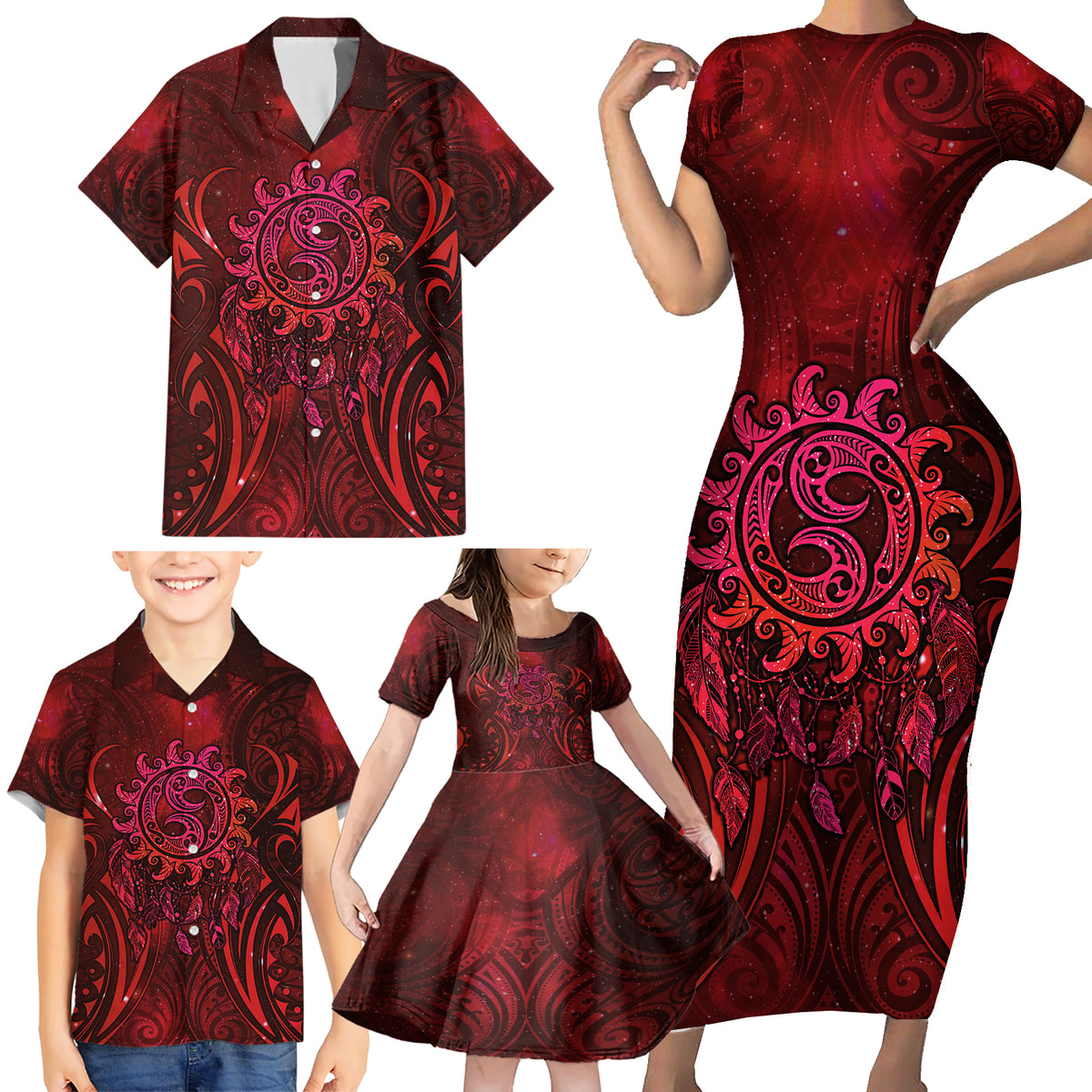 New Zealand Dream Catcher Family Matching Short Sleeve Bodycon Dress and Hawaiian Shirt Maori Koru Pattern Red Version LT05 - Polynesian Pride