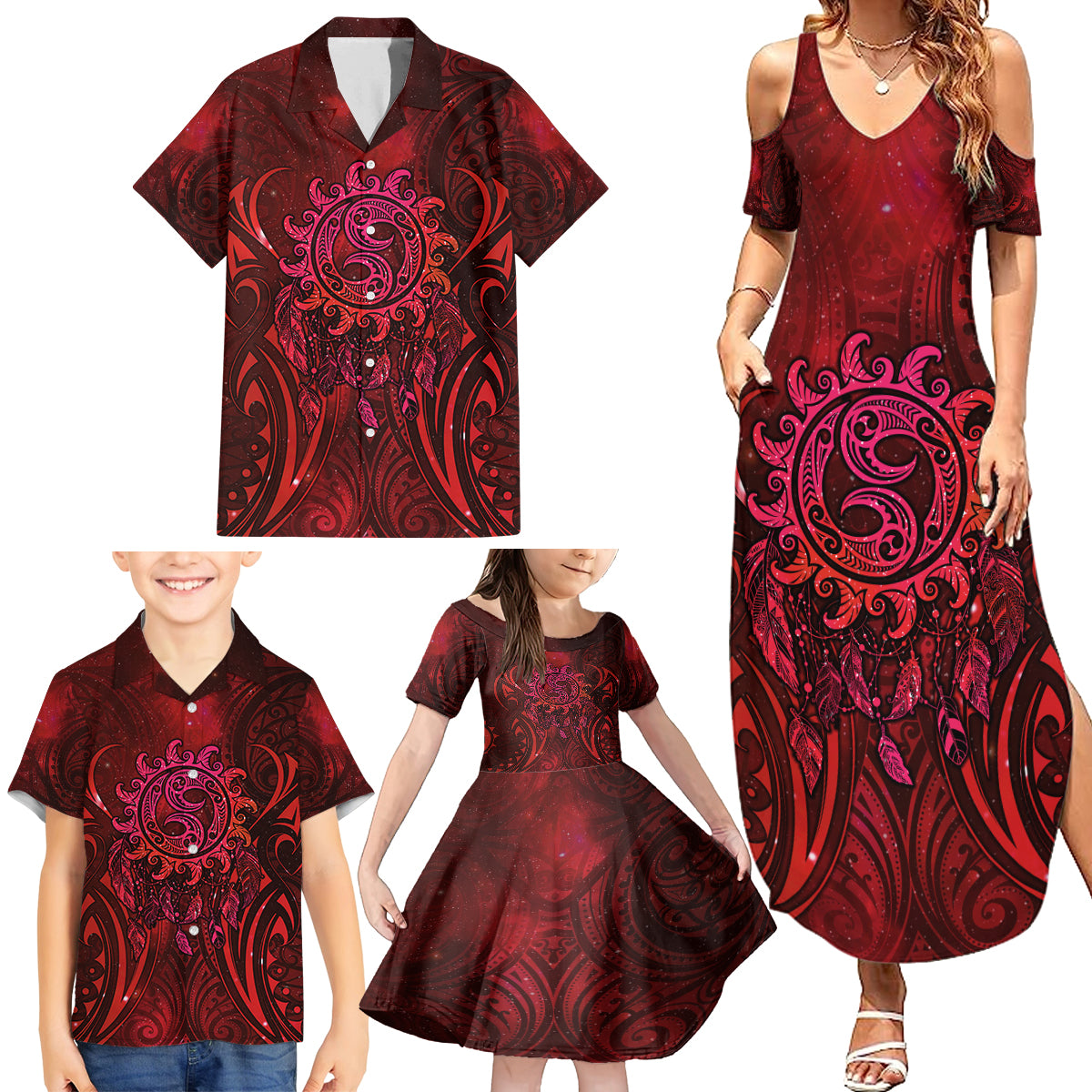 New Zealand Dream Catcher Family Matching Summer Maxi Dress and Hawaiian Shirt Maori Koru Pattern Red Version LT05 - Polynesian Pride