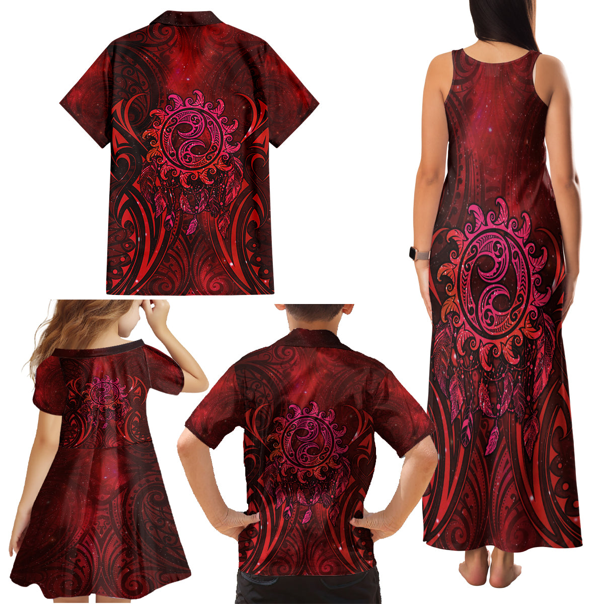 New Zealand Dream Catcher Family Matching Tank Maxi Dress and Hawaiian Shirt Maori Koru Pattern Red Version LT05 - Polynesian Pride
