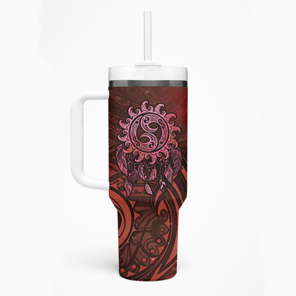New Zealand Dream Catcher Tumbler With Handle Maori Koru Pattern Red Version