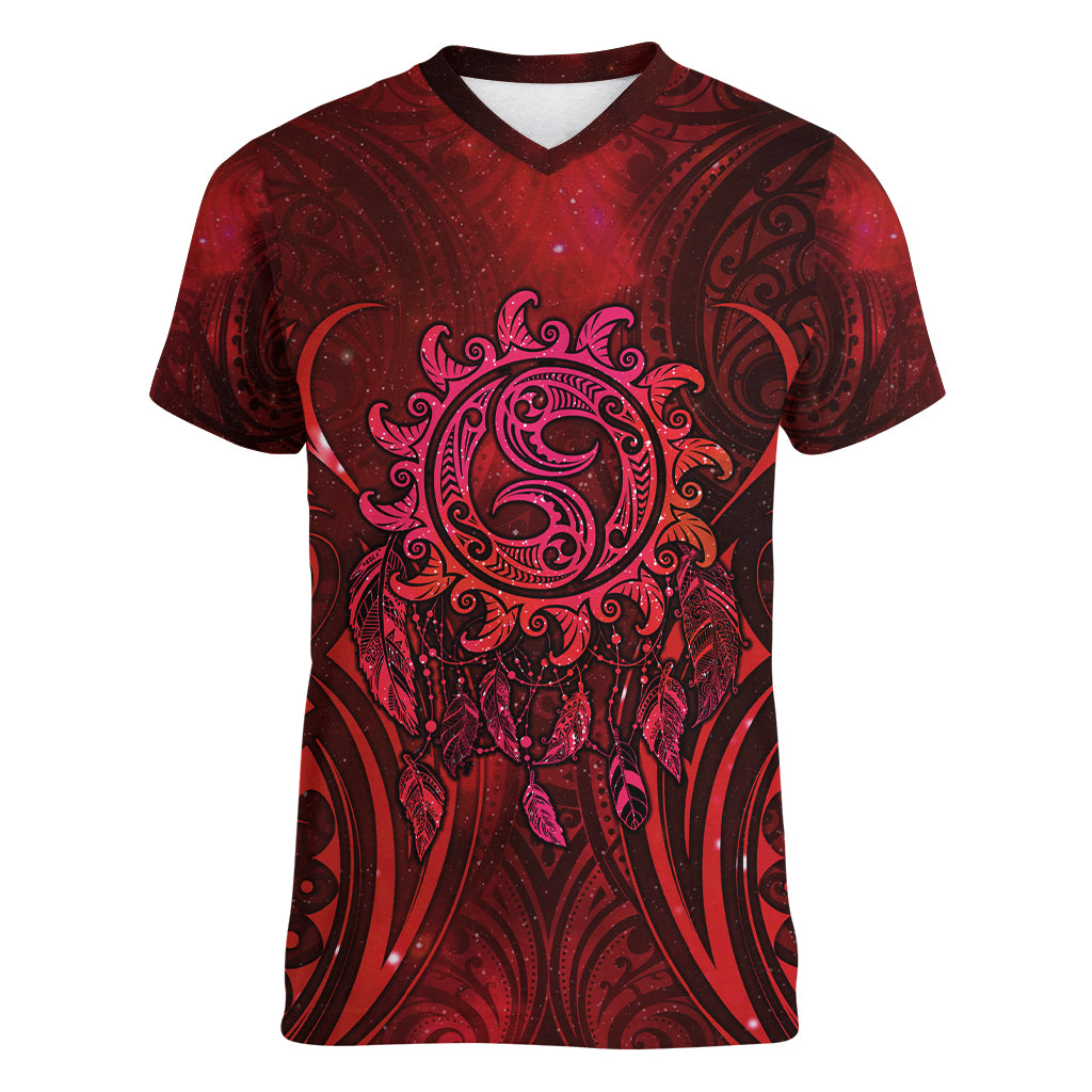 New Zealand Dream Catcher Women V-Neck T-Shirt Maori Koru Pattern Red Version