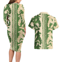 Hawaii Pua Kenikeni Lei Couples Matching Long Sleeve Bodycon Dress and Hawaiian Shirt With Lau Maia Green LT05 - Polynesian Pride