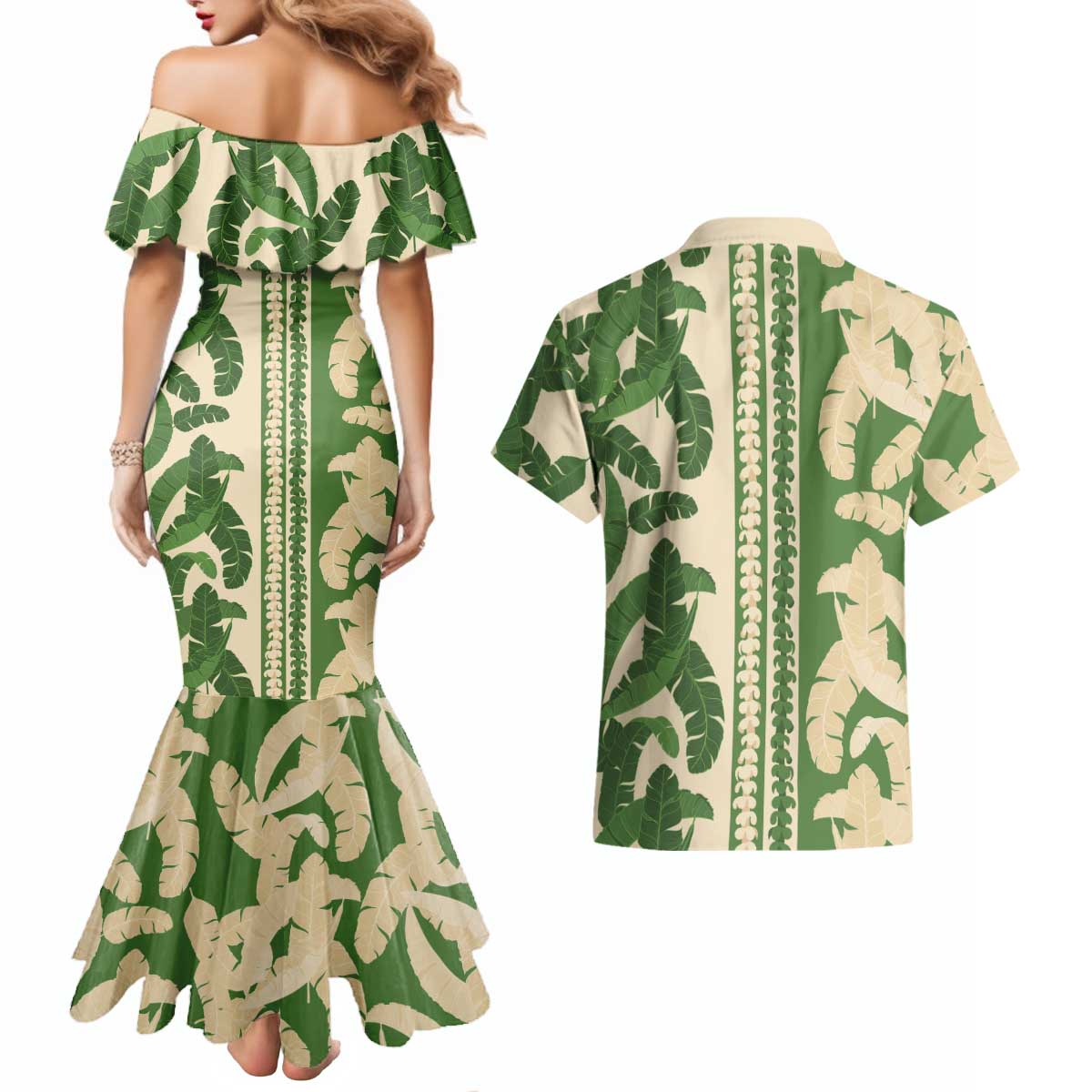 Hawaii Pua Kenikeni Lei Couples Matching Mermaid Dress and Hawaiian Shirt With Lau Maia Green LT05 - Polynesian Pride