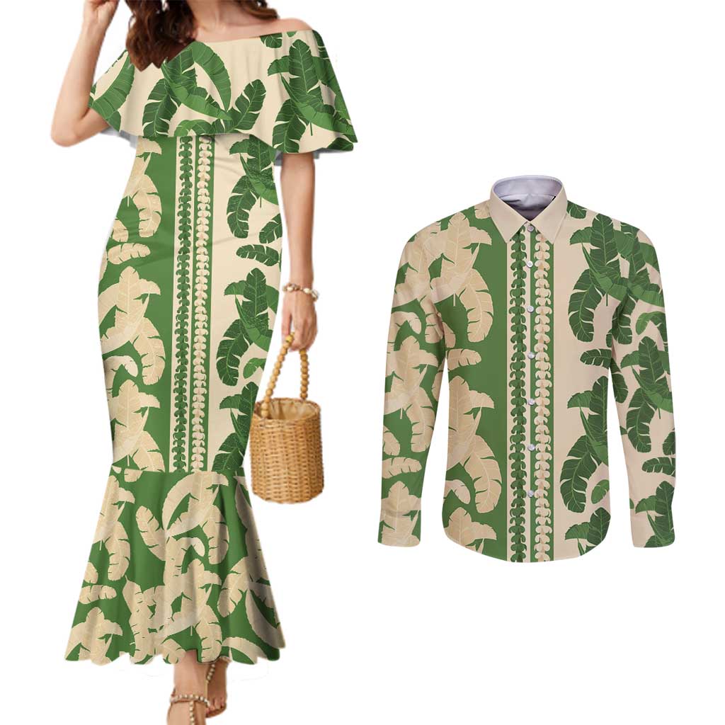 Hawaii Pua Kenikeni Lei Couples Matching Mermaid Dress and Long Sleeve Button Shirt With Lau Maia Green