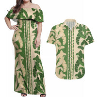 Hawaii Pua Kenikeni Lei Couples Matching Off Shoulder Maxi Dress and Hawaiian Shirt With Lau Maia Green LT05 Green - Polynesian Pride