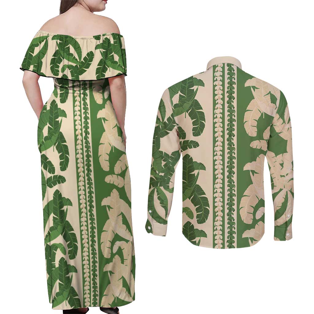 Hawaii Pua Kenikeni Lei Couples Matching Off Shoulder Maxi Dress and Long Sleeve Button Shirt With Lau Maia Green