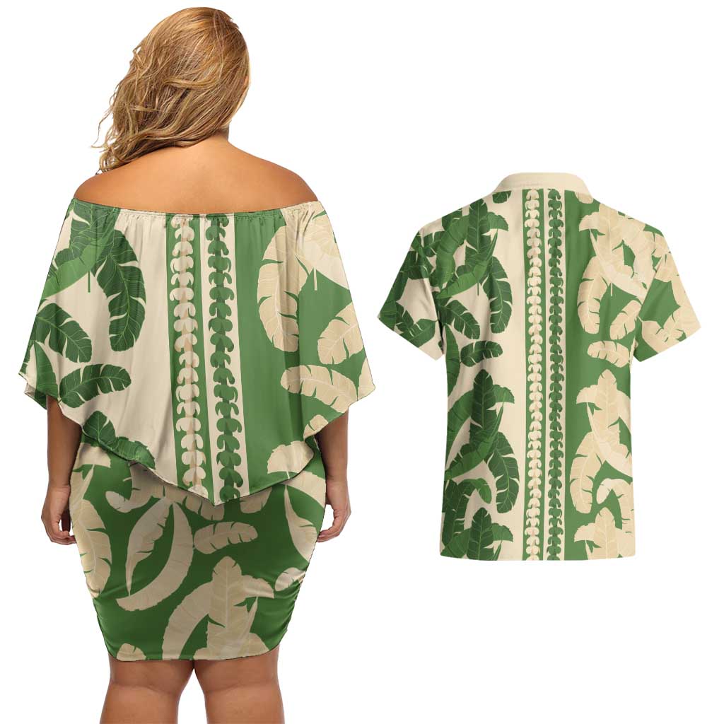 Hawaii Pua Kenikeni Lei Couples Matching Off Shoulder Short Dress and Hawaiian Shirt With Lau Maia Green LT05 - Polynesian Pride