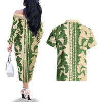 Hawaii Pua Kenikeni Lei Couples Matching Off The Shoulder Long Sleeve Dress and Hawaiian Shirt With Lau Maia Green LT05 - Polynesian Pride